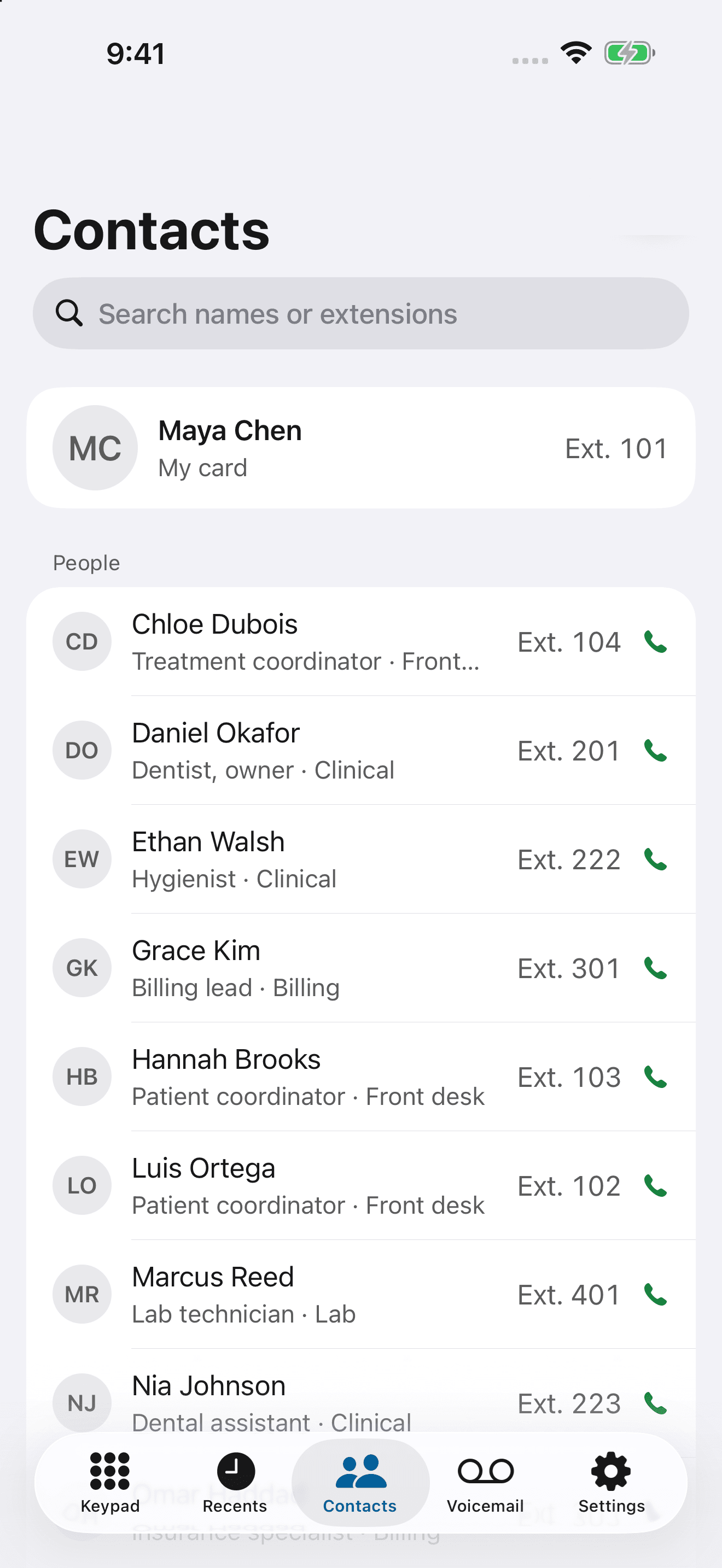 The company directory in the iPhone app.